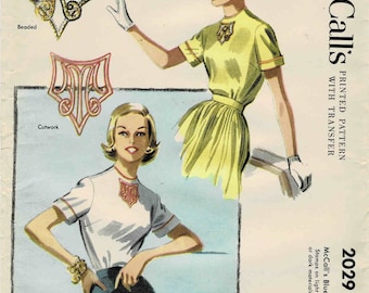 1950s Misses Blouse with Embroidery Monogram Transfer McCall's 2029 Vintage Sewing Pattern Size 12 Bust 30 UNCUT