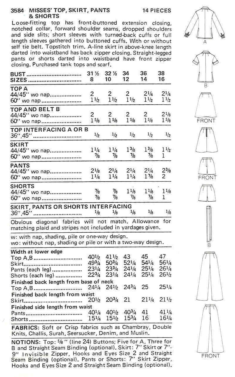 1970s Misses Top Skirt Pants Shorts Butterick 3584 Vintage Sewing Pattern Size 16 Bust 38 UNCUT image 2