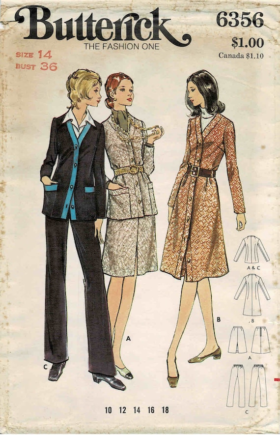 1970s Misses Suit Front Button Dress Straight Leg Pants Butterick