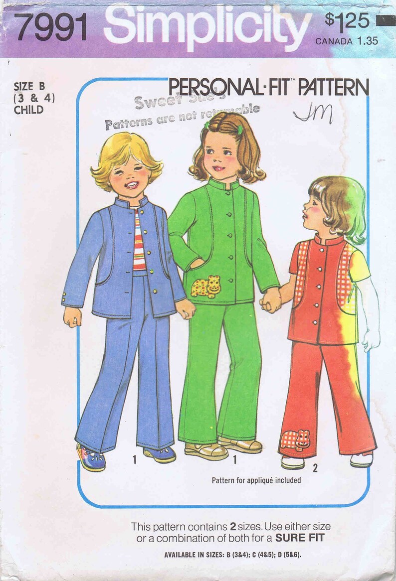 Little Girls Pants and Unlined Jacket Simplicity 7991 Vintage Sewing Pattern Size 3-4 Breast 22-23 UNCUT