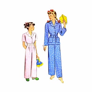 May include: Two girls wearing pajamas. The girl on the left is wearing a pink pajama set with a white collar and short sleeves. The girl on the right is wearing a blue pajama set with white polka dots and a white collar. She is holding a yellow book in her right hand.