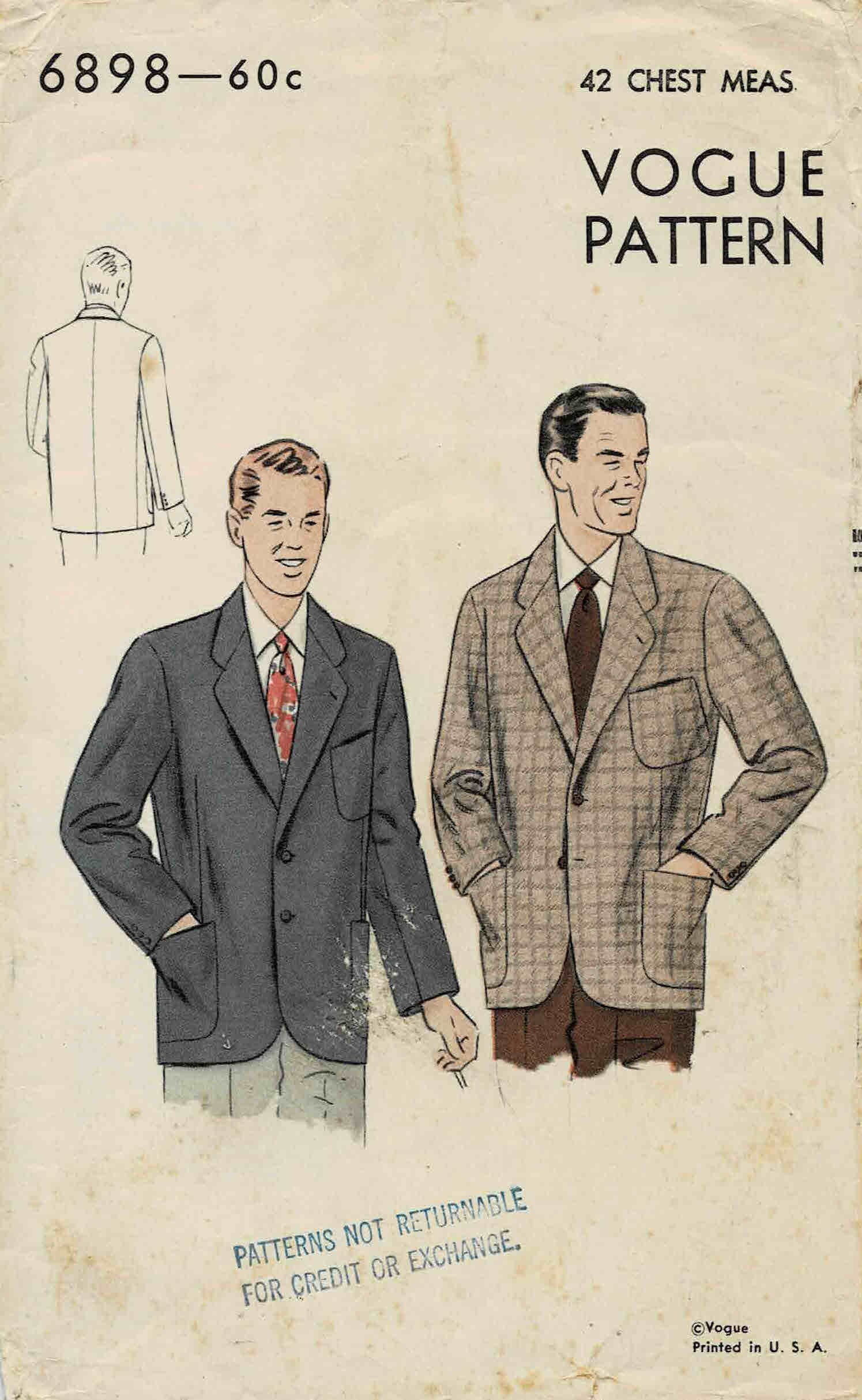1950s Men's Notched Collar Jacket or Blazer Vogue 6898