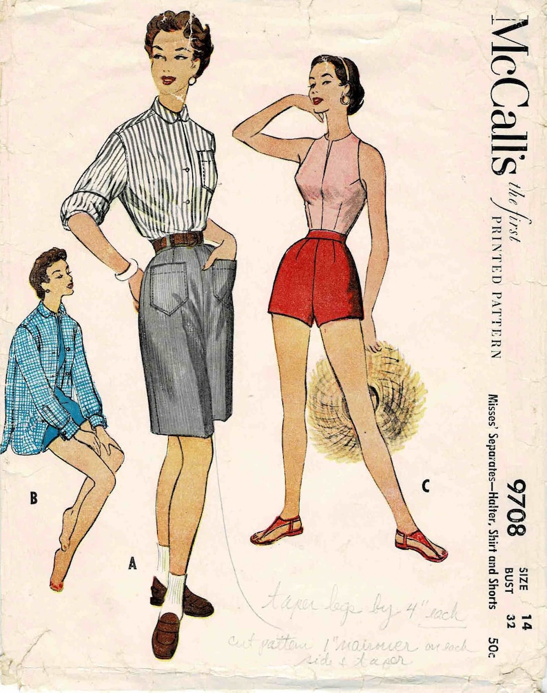 1950s Misses Slit Neckline Halter, Shirt and Shorts McCalls 9708 Vintage Transfer Pattern Size 14 Bust 32 image 1