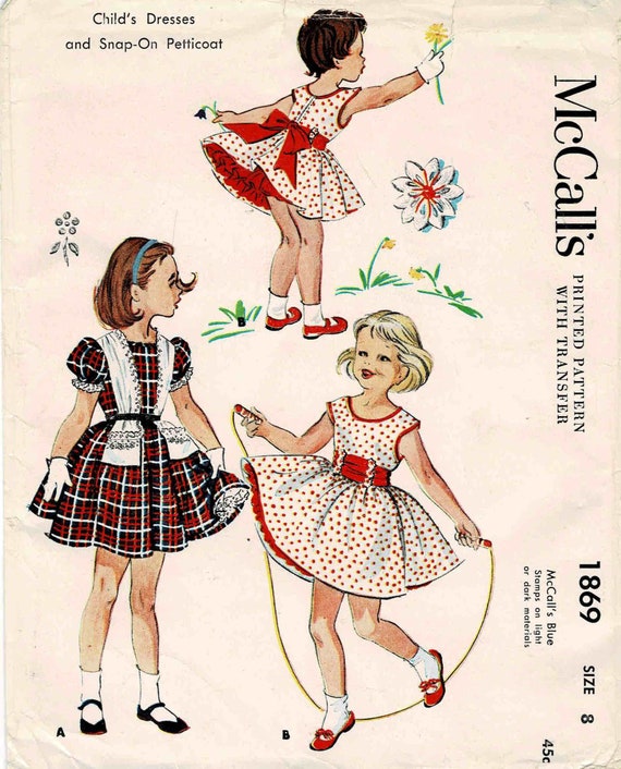 1950s Girls Full Skirt Dresses and Snap-On Petticoat McCall's 1869 Vintage Sewing Pattern Size 8 Breast 26 UNCUT 1950s Girls Full Skirt Dresses and Snap-On Petticoat McCall's 1869 Vintage Sewing Pattern Size 8 Breast 26 UNCUT