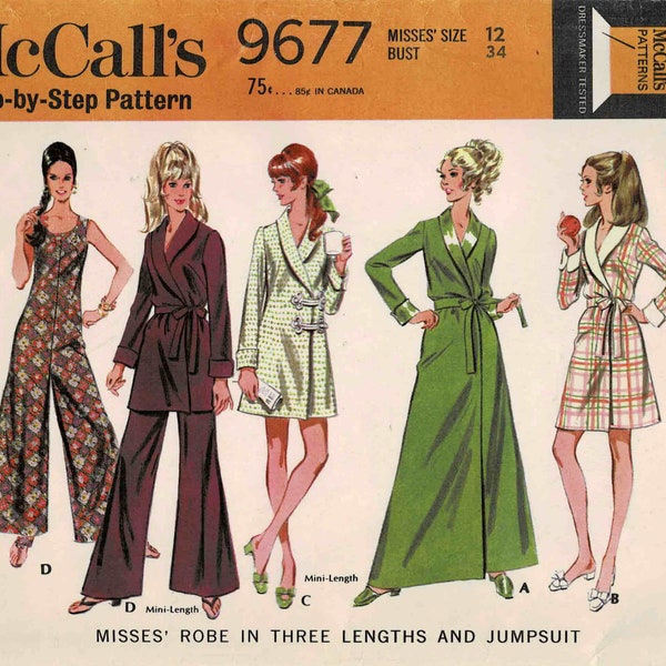 1960s Misses Front Wrapped Robe Pajamas Lounging Wear Sleeveless Jumpsuit McCall's 9677 Vintage Sewing Pattern Size 12 Bust 34