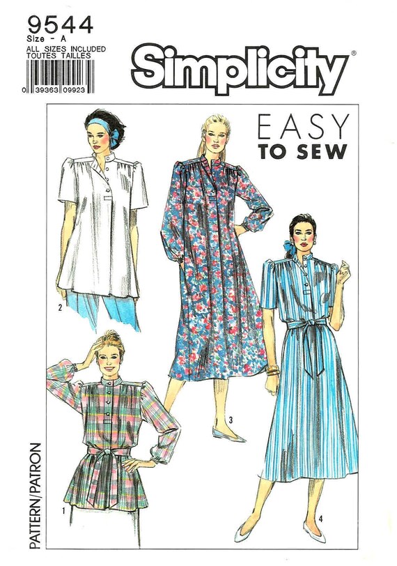 1980s Misses Loose-Fitting Dress or Tunic Simplicity 9544 Vintage Sewing  Pattern Size 6 - 8 - 10 - 12 - 14 - 16 - 18 - 20 - 22 - 24 UNCUT