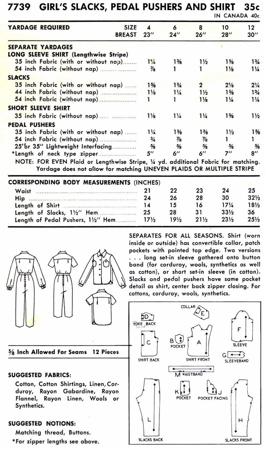 1950s Girls Slacks Pedal Pushers Shirt Advance 7739 Vintage - Etsy