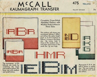 1930s McCall 745 Complete Cross-Stitch Alphabet with Modern Style Letters in Three Sizes Vintage Cross-Stitch Transfer Pattern UNCUT