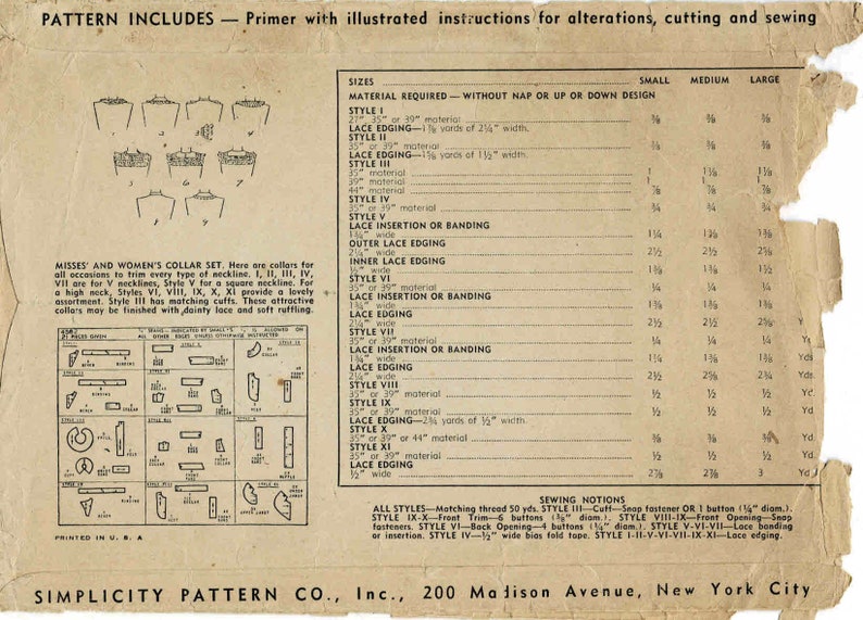 1940s Collar Set Detachable Cuffs Simplicity 4582 Womens Vintage Sewing Pattern Size Small ORIGINAL image 2