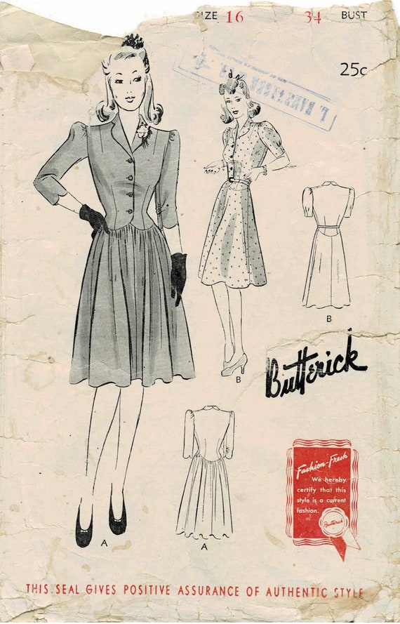 1940s Misses' Four Gore or Gathered Skirt Dress Butterick