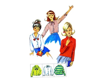 1960s Girls Blouses Simplicity 6067 Vintage Sewing Pattern Blouse with Bias Roll Collar Long or Short Sleeves Size 8 Breast 26
