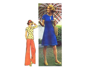 1970s Misses Jiffy Knit Raglan Dress or Top and Pants Simplicity 6027 Vintage Sewing Pattern Size 12 Bust 34 UNCUT