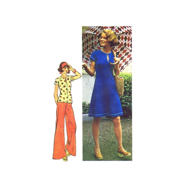 1970s Misses Jiffy Knit Raglan Dress or Top and Pants Simplicity 6027 Vintage Sewing Pattern Size 12 Bust 34 UNCUT