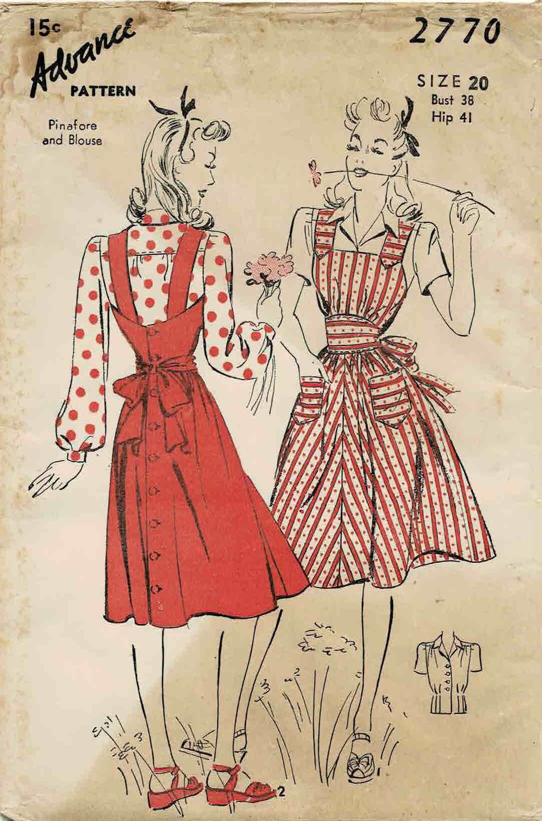 1940s Advance 2770 Vintage Dress Pinafore Pattern Misses Pinafore and Blouse Full Figure Size 16 Bust 34 or Size 20 Bust 38 FACTORY FOLDED Etsy