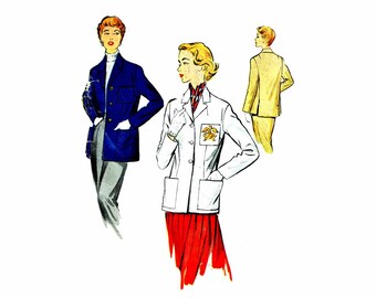 1950s Misses Sports Jacket McCalls 9718 Vintage Sewing Pattern Dart Fitted Notched Collar Front Button Jacket Full Figure Size 18 Bust 36