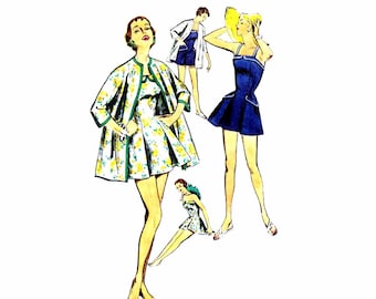 1950s Strapless Skirted Swimsuit Beach Coat Simplicity 1607 Vintage Sewing Pattern Swimwear Bathing Suit Cover Up Size 14 Bust 32 UNCUT