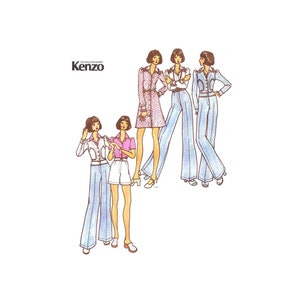 May include: Illustration of four women wearing different outfits. The women are wearing a variety of styles, including a pink and white patterned dress, a white shirt with blue pants, a pink shirt with white shorts, and a blue jacket with blue pants. The illustration is labeled "Young Designer Kenzo".