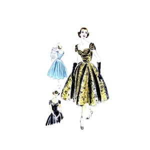 May include: A vintage illustration of three women wearing dresses. The woman in the center is wearing a gold and black dress with a sweetheart neckline and short sleeves. The woman on the left is wearing a light blue dress with a scoop neckline and short sleeves. The woman on the right is wearing a black dress with a sweetheart neckline and short sleeves.
