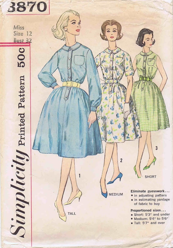 1960s Misses Full Skirt Dress Simplicity 3870 Vintage Sewing Pattern Size  12 Bust 32 UNCUT -  Canada