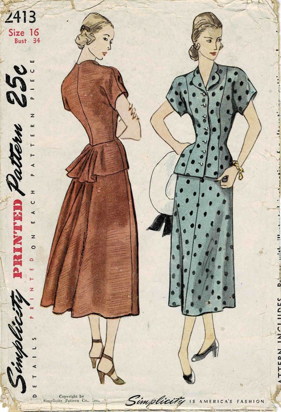 Women's Two Piece Dress, Top & Skirt, Vintage 1940s Sewing Pattern – Vintage  Sewing Pattern Company