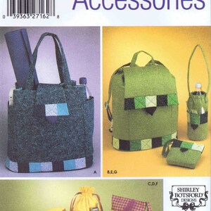 May include: A Simplicity sewing pattern for accessories, including a tote bag, a backpack, a drawstring bag, a small pouch, and a water bottle holder. The pattern is for one size and includes instructions for making each item. The pattern is from Shirley Botsford Designs and is licensed by Wrights.