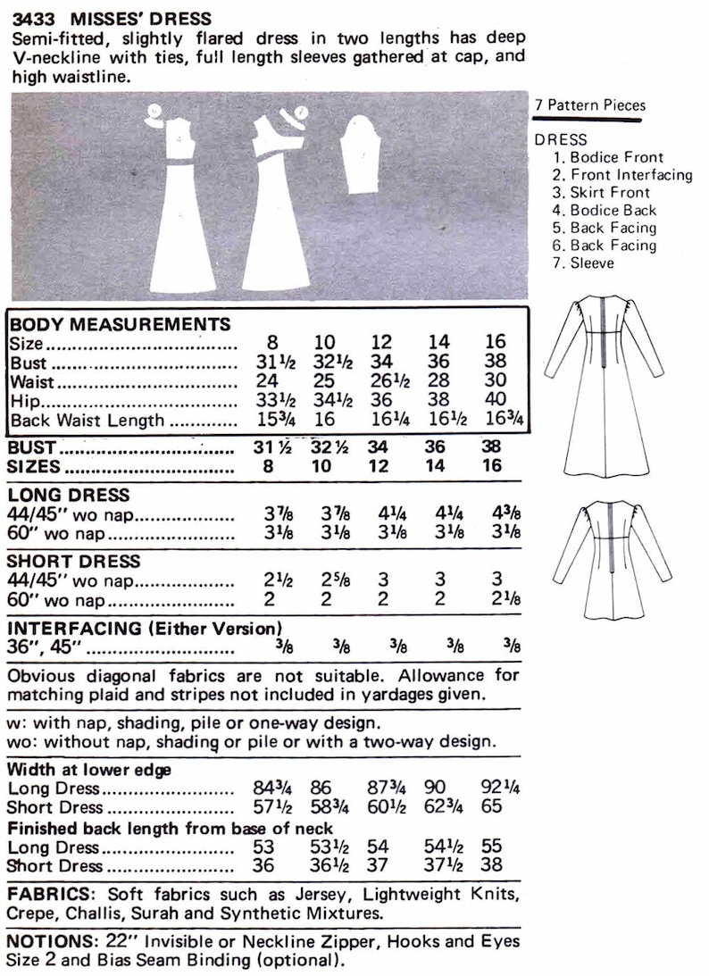1970s Misses Deep V-Neckline Flared High Waist Dress Butterick 3433 Vintage Sewing Pattern Different Sizes Available UNCUT
