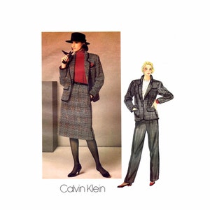 1980s Calvin Klein Suit Jacket Skirt Pants Vogue 1238 Vintage Sewing Pattern American Designer Size 10 Bust 32 1/2 UNCUT