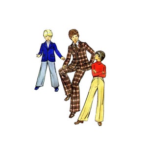 May include: Three boys wearing different outfits. The boy on the left is wearing a blue blazer, light blue pants, and a white shirt. The boy in the middle is wearing a plaid suit with a white shirt and a tie. The boy on the right is wearing a red turtleneck sweater and yellow pants.