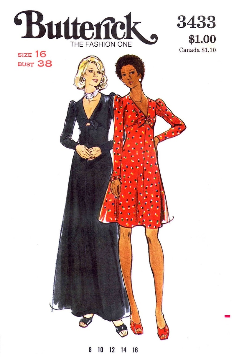 1970s Misses Deep V-Neckline Flared High Waist Dress Butterick 3433 Vintage Sewing Pattern Different Sizes Available UNCUT