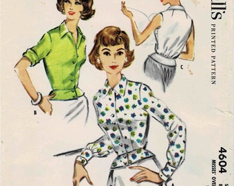 1950s Misses Peplum Overblouse Sleeveless, Short or Long Sleeve Blouse McCall's 4604 Vintage Sewing Pattern Size 14 Bust 34