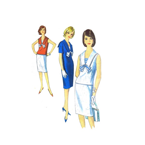 1960s Misses Sailor Dress Overblouse Skirt Simplicity 5840 Vintage Sewing Pattern Size 12 Bust 32