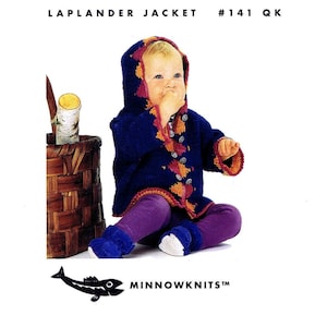 May include: A blue knitted baby jacket with a hood, featuring a colorful geometric pattern in orange, pink, and yellow. The jacket has a button closure and is worn by a baby sitting on a white background.