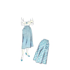 May include: A blue and white plaid skirt with a wrap-around design and a single button closure. The skirt is shown on a model wearing a white blouse.