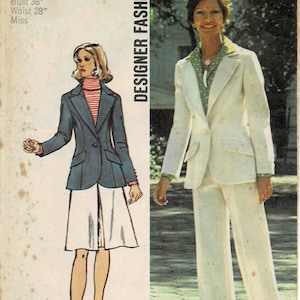 1970s Misses Princess Seam Jacket Pants Skirt Pant Suit Designer Fashion Simplicity 5454 Vintage Sewing Pattern Size 14 Bust 36 UNCUT
