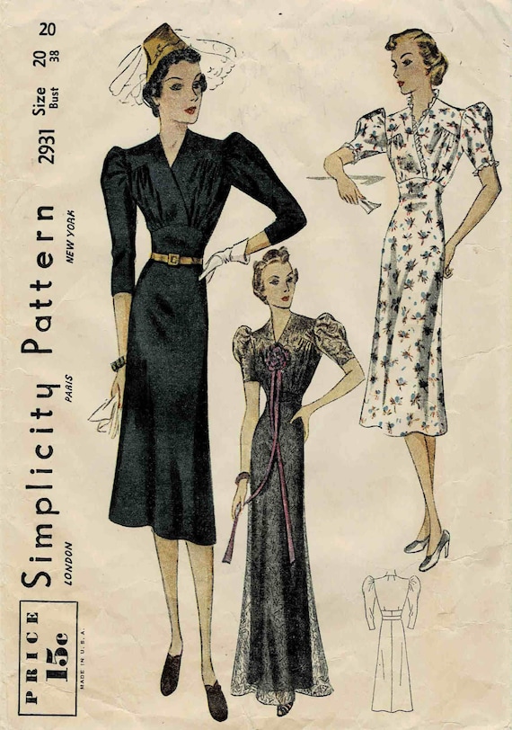 1930s Misses High Waist Day or Evening Gown Surplice Dress Simplicity 2931  Vintage Sewing Pattern Full Figure Size 20 Bust 38