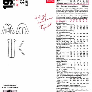 May include: A vintage 1918 sewing pattern for a dress and jacket. The pattern includes instructions for sizes 12, 14, and 16. The pattern is for a loose-fitting dress with cap sleeves and a double-breasted jacket with kimono sleeves. The pattern also includes instructions for interfacing, lining, and pockets.