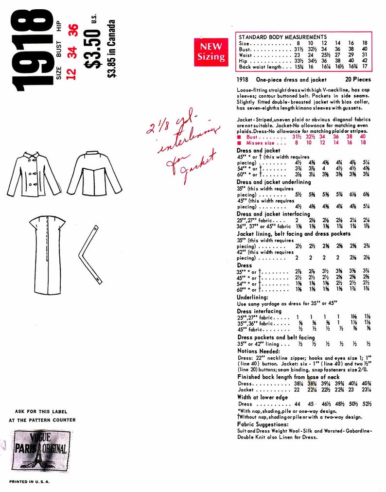 May include: A vintage 1918 sewing pattern for a dress and jacket. The pattern includes instructions for sizes 12, 14, and 16. The pattern is for a loose-fitting dress with cap sleeves and a double-breasted jacket with kimono sleeves. The pattern also includes instructions for interfacing, lining, and pockets.