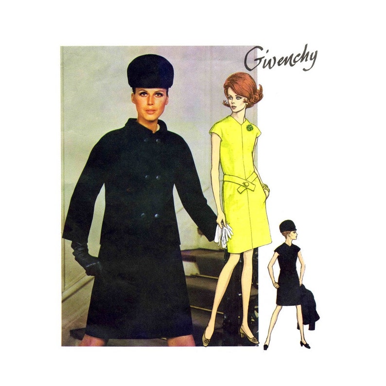 May include: A vintage illustration of three women wearing fashion from the 1960s. The woman on the left is wearing a black coat and hat. The woman in the center is wearing a yellow dress with a bow. The woman on the right is wearing a black dress and hat. The illustration is titled "Givenchy".