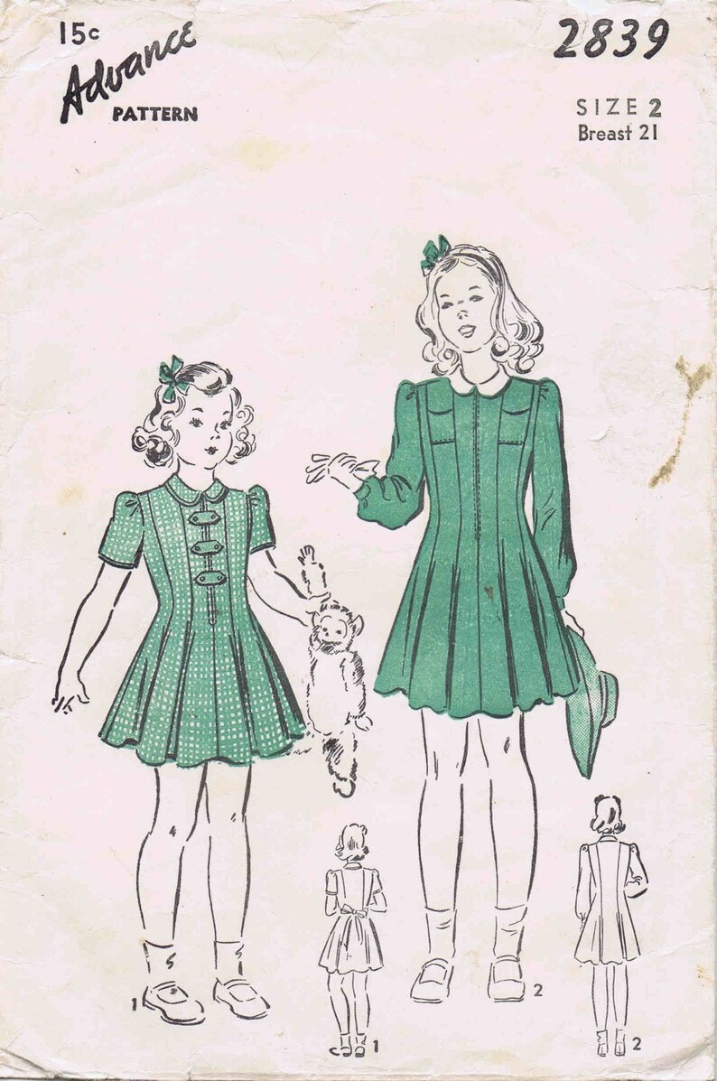 1940s Little Girls Front Zipped Princess Seam Dress Advance 2839 Vintage Sewing Pattern Size 2 Breast 21 or Size 12 Breast 30 FACTORY FOLDED 2 - Missing Pocket