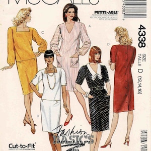 May include: A sewing pattern for four different dresses. The pattern is called "Cut-to-Fit" and is for sizes 12, 14, and 16. The pattern is called "Fashion Basics".