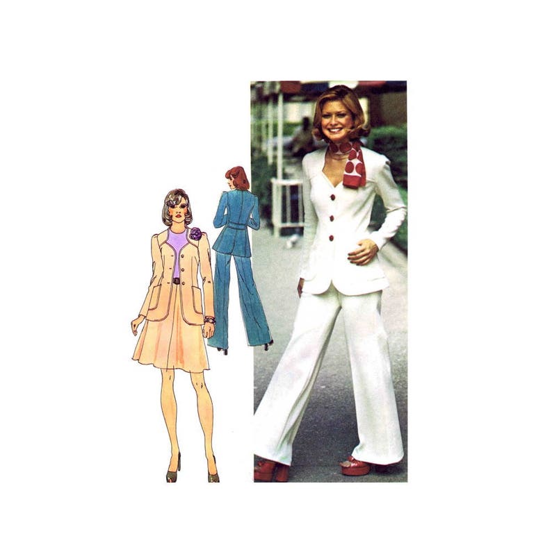 1970s Misses Sweetheart Neckline Jacket Skirt Pants Simplicity 6104 Vintage Sewing Pattern Size 12 Bust 34 UNCUT image 1