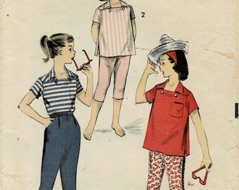 1950s Girls Italian Style Wing Collar Shirt and Tapered Capri Pants Advance 8329 Vintage Sewing Pattern Size 14 Breast 32
