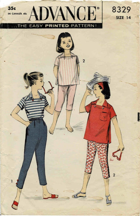 1950s Girls Italian Style Wing Collar Shirt and Tapered Capri Pants Advance  8329 Vintage Sewing Pattern Size 14 Breast 32 