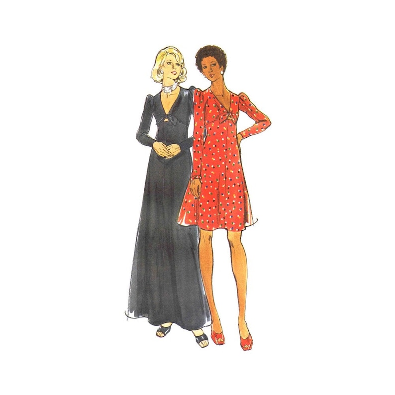 1970s Misses Deep V-Neckline Flared High Waist Dress Butterick 3433 Vintage Sewing Pattern Different Sizes Available UNCUT