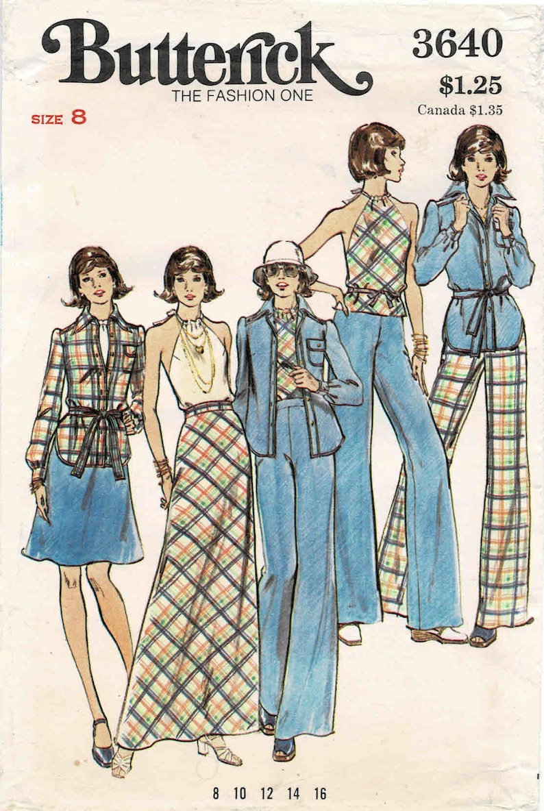 1970s Misses Shirt Wrapped Halter Top Skirt Straight Leg Pants Butterick 3640 Vintage Sewing Pattern UNCUT Different Sizes Available image 1