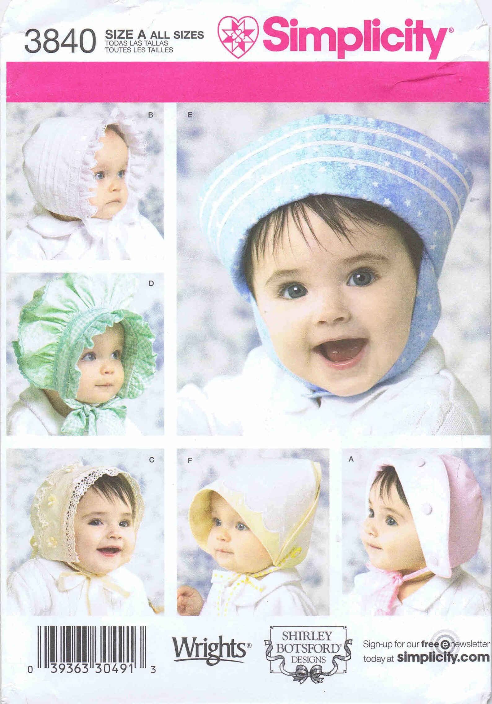 Baby Bonnets in Three Sizes Shirley Botsford Simplicity 3840 Sewing ...