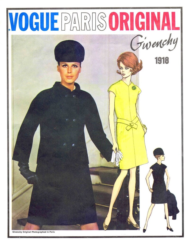 May include: A vintage fashion illustration featuring three women wearing different styles of dresses. The illustration is titled "Vogue Paris Original Givenchy 1918".