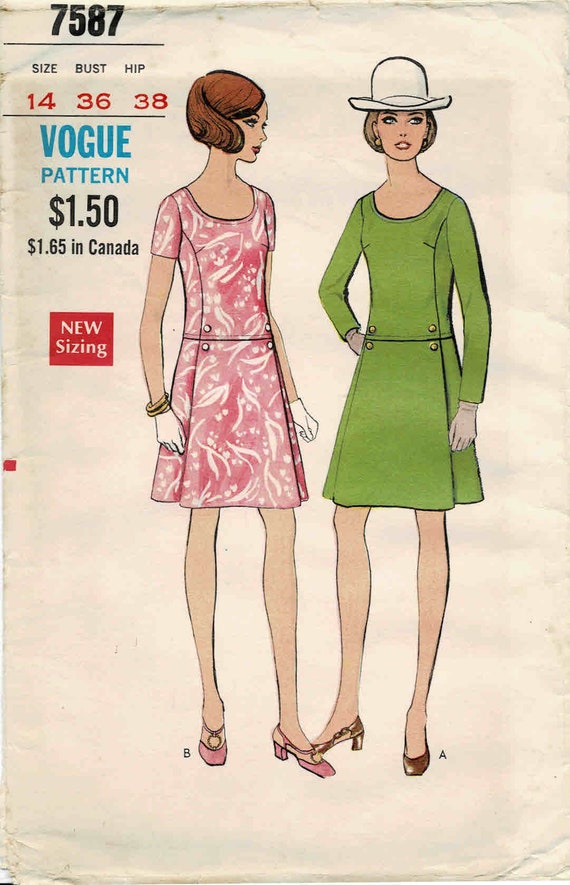 1960s Misses Scoop Neck Low Waist Dress Vogue 7587 Vintage