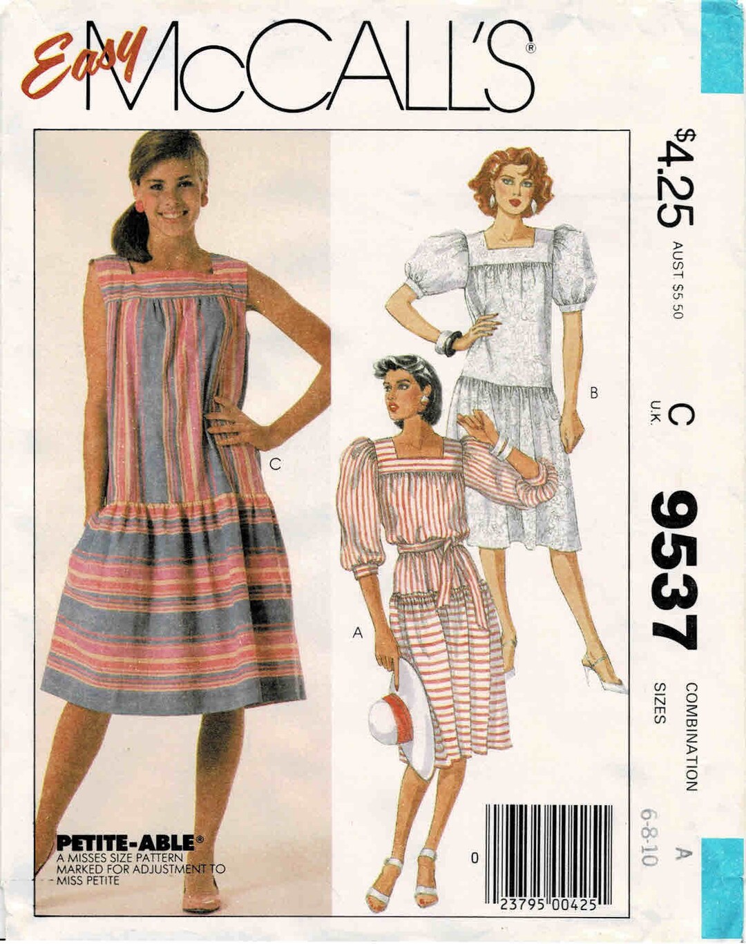 1980s Misses Square Neck Drop Waist Dress Mccalls 9537 Vintage Sewing ...