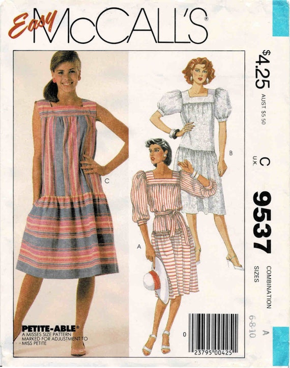1980s Misses Square Neck Drop Waist Dress McCalls 9537 Vintage Sewing  Pattern Size 6 - 8 - 10 Bust 30 1/2 - 31 1/2